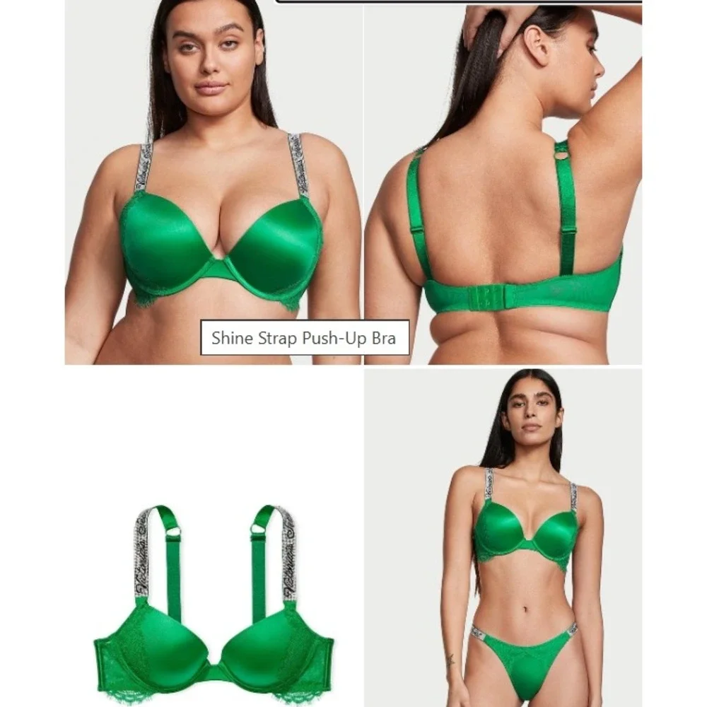 Victoria's Secret Very Sexy Shine Strap Push-Up Bra Size 34D Green Lace Trim